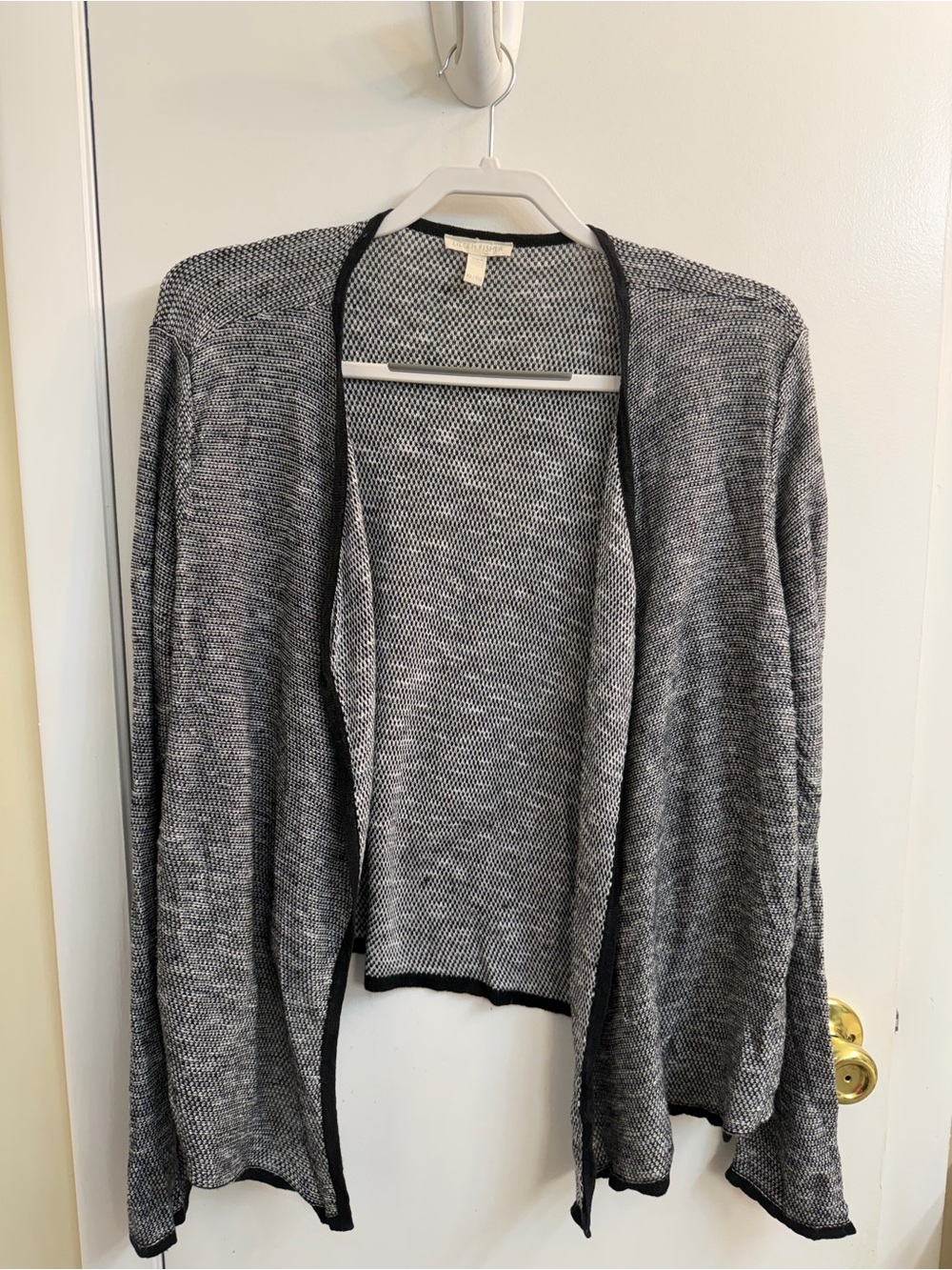 Eileen Fisher Black and White Open-Front Knit Cardigan